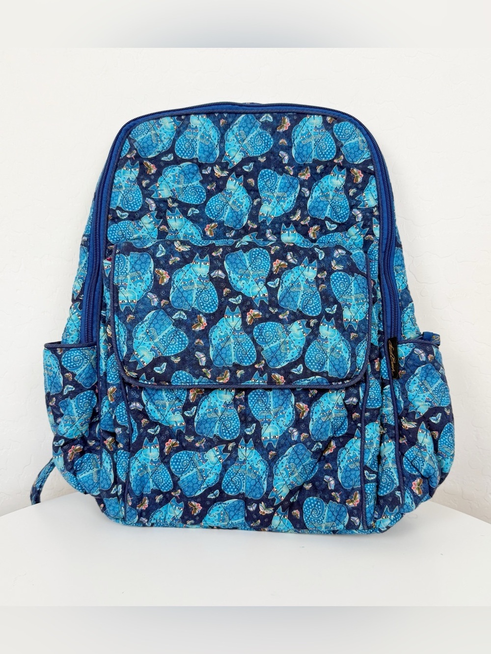 Vintage Laurel Burch Blue Indigo Cat Quilted Backpack